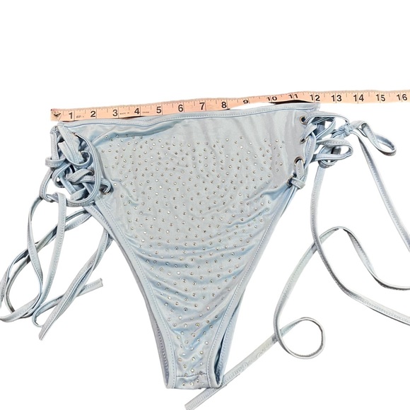 Baby Blue Rhinestone Cut Out Lace Up Long Sleeve Crop Top & Bottoms Rave Set - Picture 11 of 12